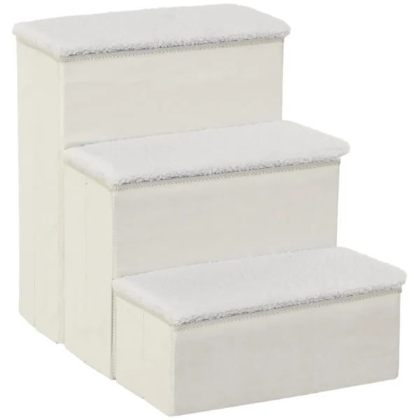 3-Step Dog Stairs with Storage Compartment, Foldable and Washable, 40x54x48 cm, White