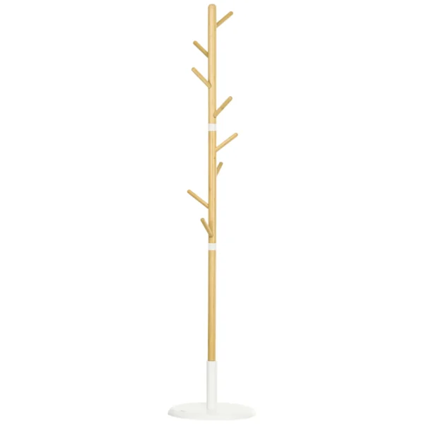 8 Hook Coat Tree with Round Base in Bamboo, Wood and Metal, Ø37.8x175.6 cm, Wood and White