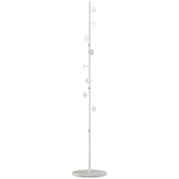 Steel Coat Tree with 8 Hooks and Round Marble Base, 35x35x170 cm, White