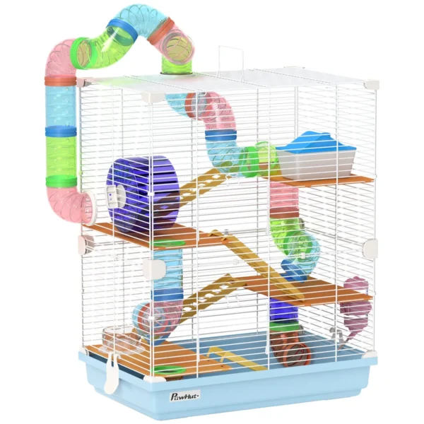 5-Level Hamster Cage with Tubes, Wheel, Ladders, House and Bottle, Made of Metal, PP and PS, 46x30x58 cm