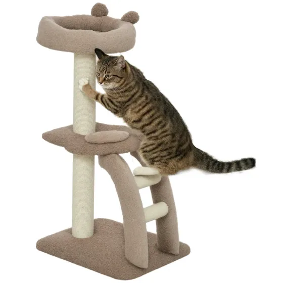 3-Tier Cat Tree with Top Perch and Toy Ball, 48x40x88 cm, White and Brown