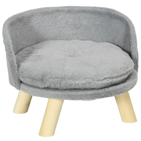 Round Dog Sofa in Plush Fabric and Wood with Extra Cushion, Ø40.5x33 cm, Grey and Wood Color