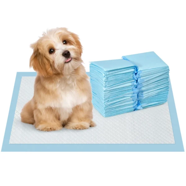 Set of 100 6-Layer Non-Woven, Paper, and PE Dog Toilet Pads, 45x30 cm, Blue and White