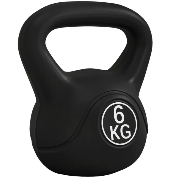 Kettlebell 6kg in Plastic and Sand with Flat Base and Handle, 20x13x22 cm, Black