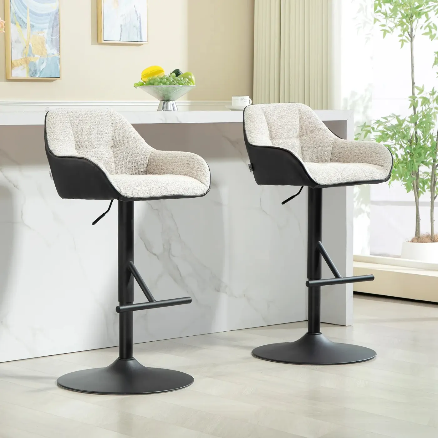 Set of 2 Height Adjustable Padded Stools with Backrest and Armrests, 52.5x53x86.5-108 cm, Black Light Grey - Image 2