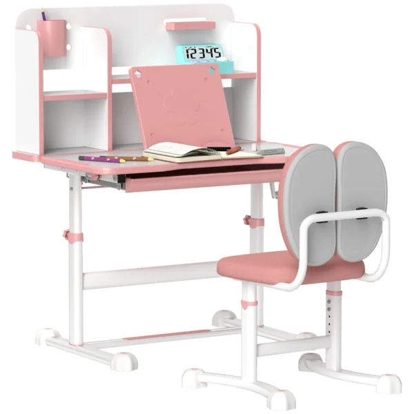 Adjustable Children's Desk and Chair Set, School Desk with Tilting Top, Drawer, Shelf, Pink