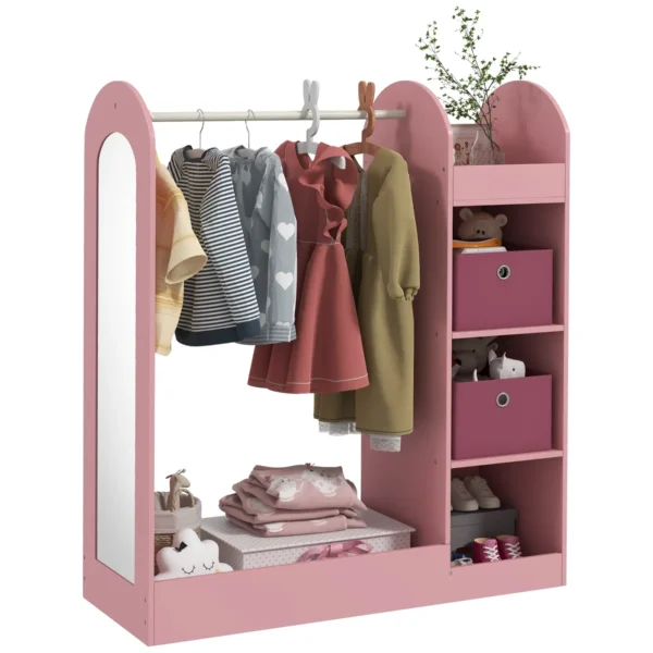 Children's Coat Rack Open Wardrobe with Shelves, Boxes, and Wooden Mirror, Pink