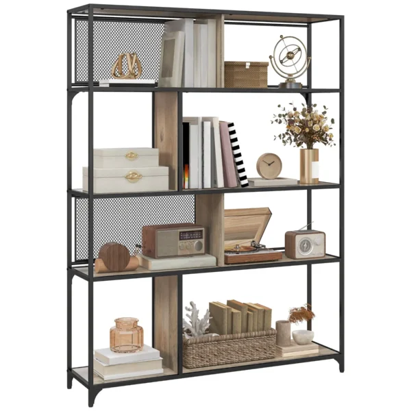 Industrial Book Shelf with 5 Levels with Metal Door, in Wood and Steel, 120x30x161 cm, Black and Gray