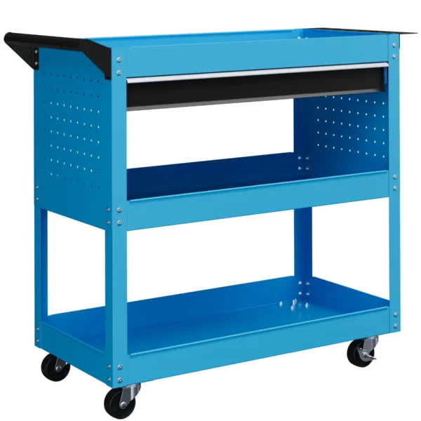Tool Cart with Side Handle, Drawer and 3 Steel Shelves, 82x35x76 cm, Blue