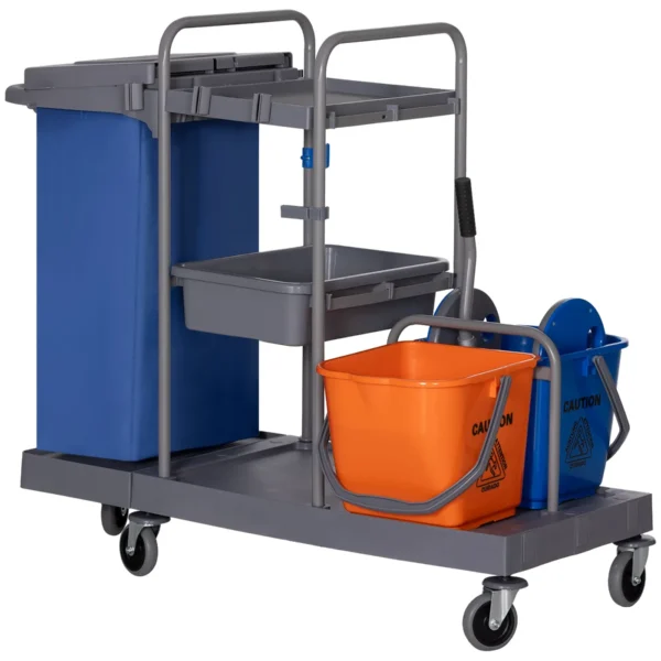 3-Tier Cleaning Trolley with Garbage Bag and Wringer, 111x63.3x103 cm, Grey, Blue and Orange
