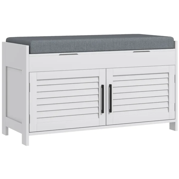 Shoe Bench with Adjustable Internal Shelf on 3 Levels, in MDF and Faux Linen, 90x36x50 cm, White and Grey
