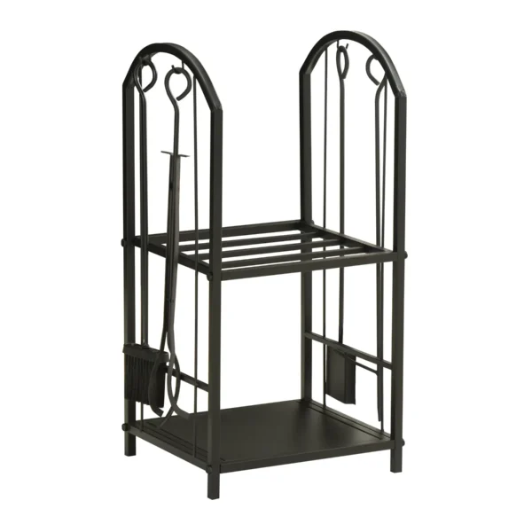 Metal Firewood Rack with Shovel, Broom, Poke Utensil and Tongs, 41.5x32. 5x74. 5 cm, Black