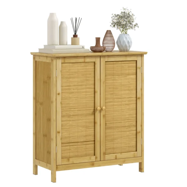 Boho Style Sideboard in Rattan and Bamboo with 2 Doors and Internal Shelf, 60x27x67.5cm, Wood Color