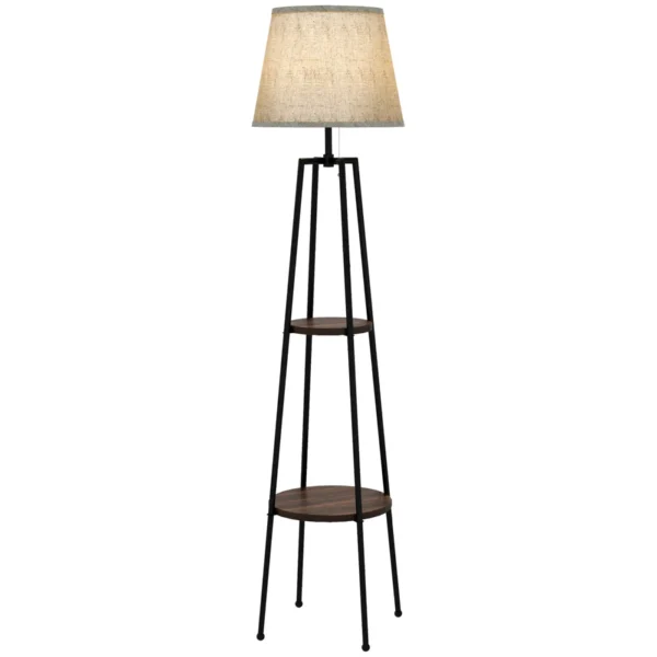 Floor Lamp with 2 Shelves in Metal and MDF with Fabric Lampshade, Ø42x166 cm, Black and Brown