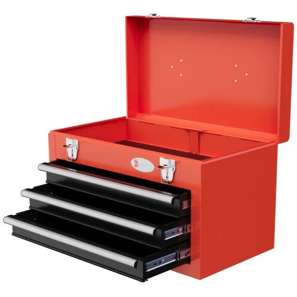 Tool Box with 3 Drawers and Upper Compartment in Steel with Handle, 45x24x27cm, Red