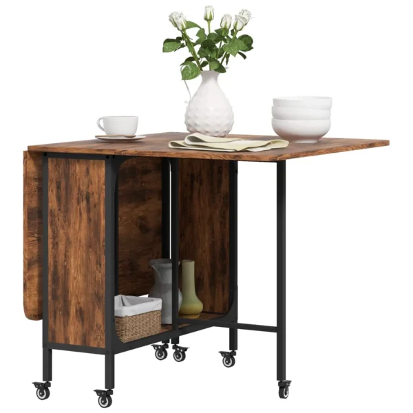 Foldable Table with 6 Wheels and Shelf Industrial Style Wood and Metal, Rustic Brown