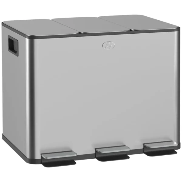 TRES - 20L 3-Section Dustbin with Silent Closure, Stainless Steel and PP, 61.9x36. 6x56. 7 cm