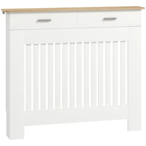 Anti-tipping slatted radiator cover with storage drawer, in wood, 112x19x97 cm, White