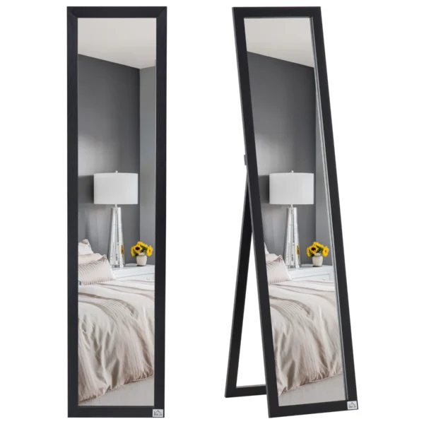 Floor and Wall Mirror with Folding Stand and MDF Frame, 37x48x152cm, Black