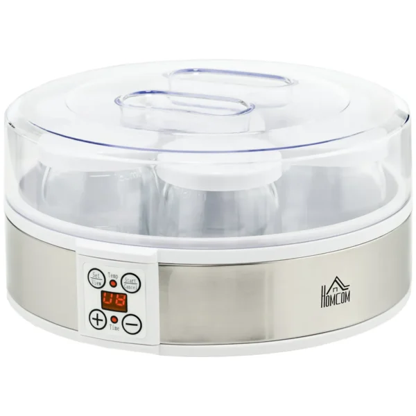 Yogurt Maker 20W 1.5L with 7 Jars and Button Display, Stainless Steel and Plastic, 24x24x13 cm, White
