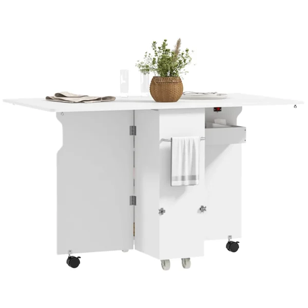 Folding Drop-Leaf Table with 3-Tier Shelves, Box and Wheels, in MDF, 130x80x76.5 cm, White