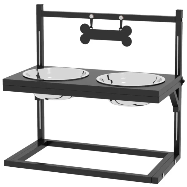 Raised Dog Bowl Stand with Adjustable Height, 2 x 900ml Stainless Steel Bowls, Black