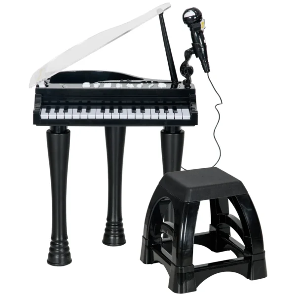 32-Key Kids Piano with Stool, Microphone, Music, Lights and Removable Legs, Black