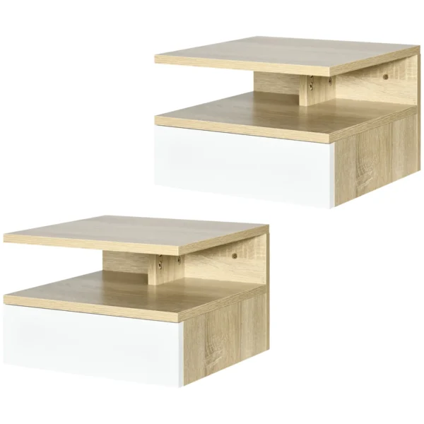 Set of 2 Floating Bedside Tables with Drawer and Top Shelf, Wooden, 35x32x22.5 cm, White and Oak