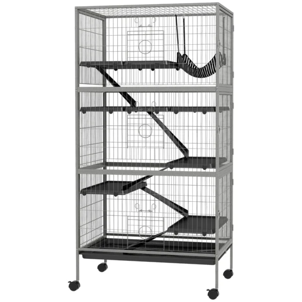 Rabbit Cage with 4 Multi-Level Entrances with Hammock, Steel and PP, 80x52x159 cm