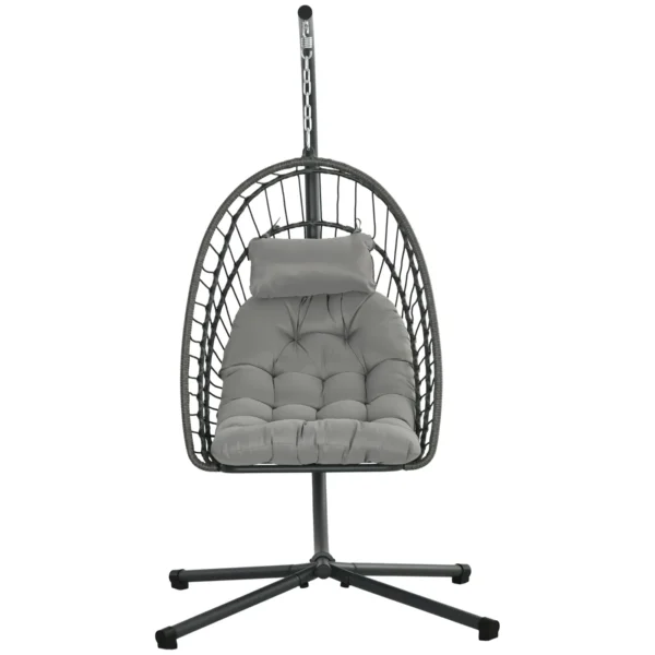 Hanging Armchair in PE Rattan with Cushion, Folding Seat and Steel Structure, Grey