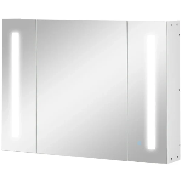 Bathroom Mirror Cabinet with 3 Cabinets, 3 Shelves and LED Light, 90x15x65 cm, White