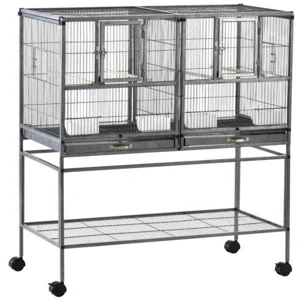Premium Metal Double Bird Cage with Removable Trays, Stable Stand with 4 Wheels and Shelf, 95x45.5x102cm, Black Grey