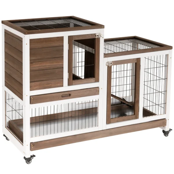 Wooden Rabbit Hutch with Wheels, Removable Trays and House, 110x50x86cm, Brown and White