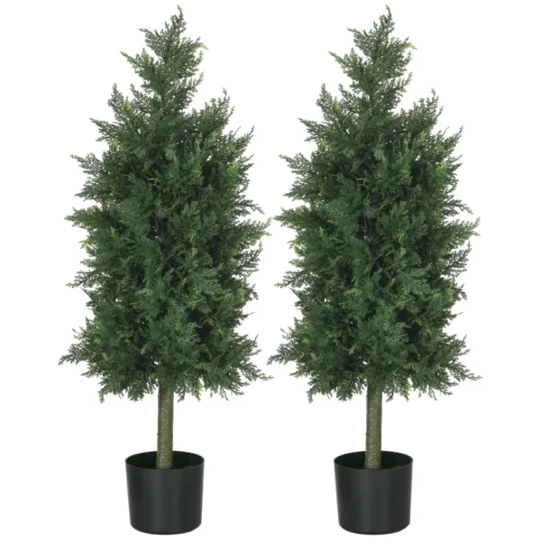 Set of 2 Artificial Cedar Plants in PE with PP Plastic Pot, in Steel and Cement, 38x12.5x90 cm, Green