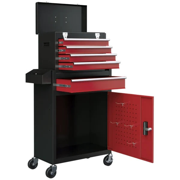 5 Drawer Tool Cart, Removable Box and Steel Lockable Cabinet, Red