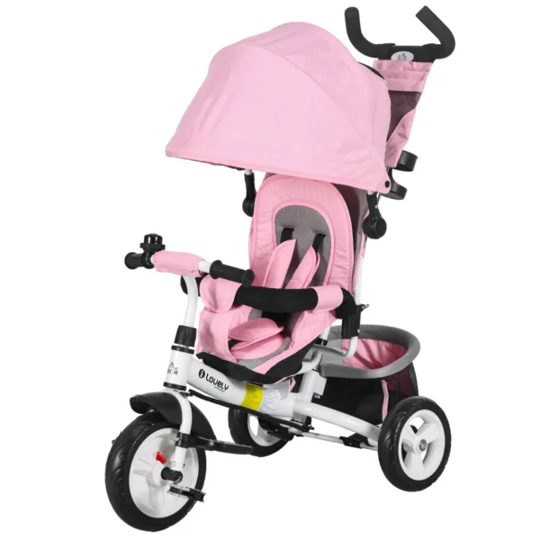 Children's Tricycle 1-5 Years with Handle and Adjustable Canopy, 102x49x102 cm, White and Pink