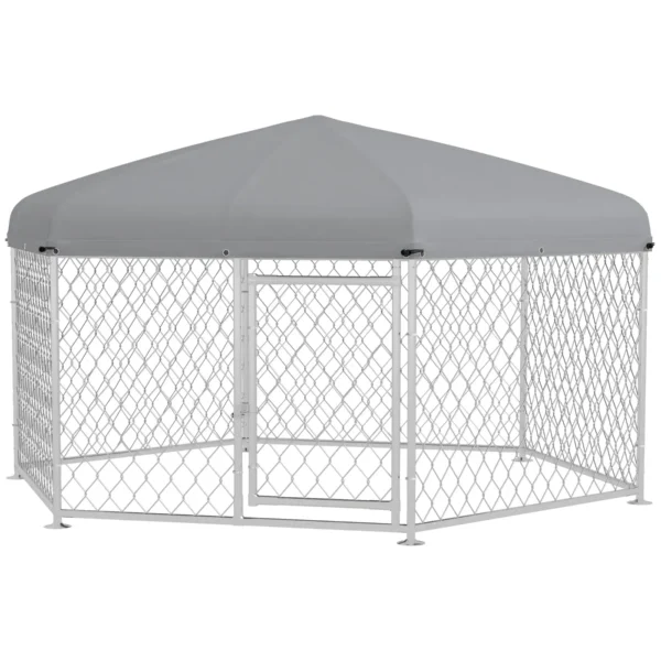 Large Dog Run with UV-Proof Oxford Fabric Roof, 2.1x1.85x1.5m, Silver and Gray