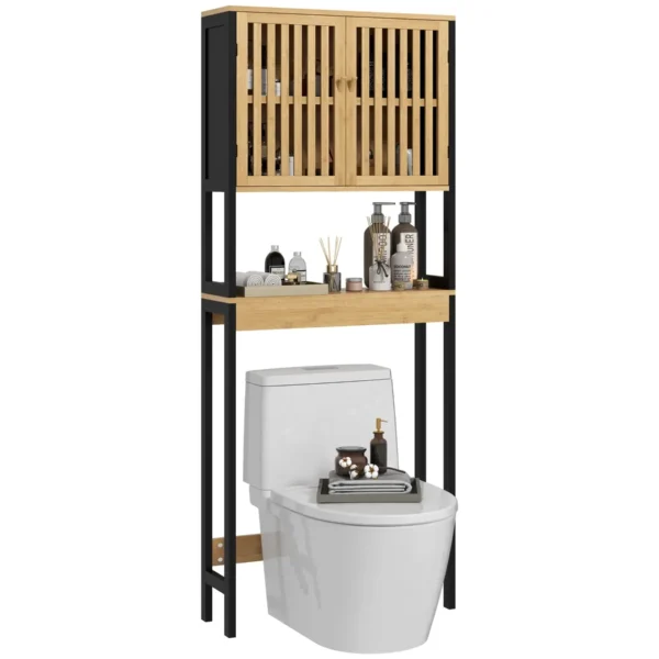 Over Toilet Cabinet with 2 Slatted Doors and Open Shelf, 60x21.5x172cm, Wood Color