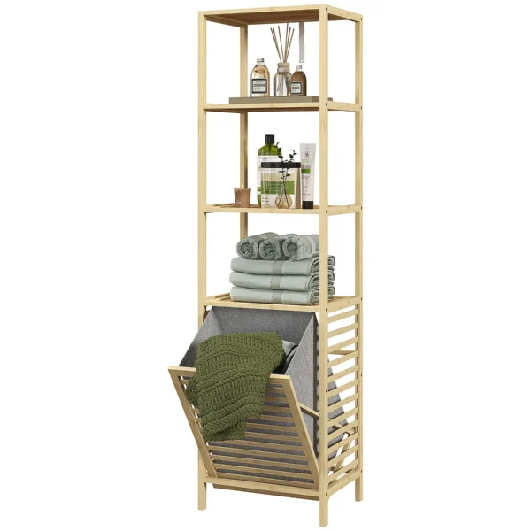 Bathroom Column with 3 Bamboo Shelves and Fabric Laundry Basket, 44x33x160cm