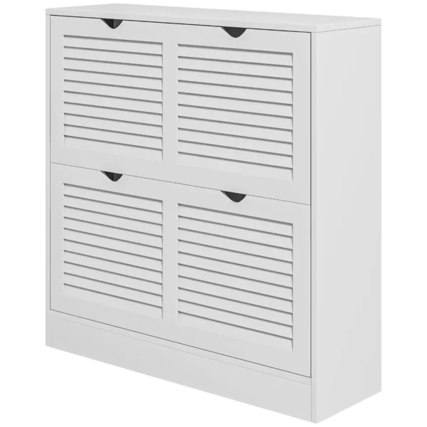 Space-Saving Wooden Shoe Cabinet for 16 Pairs of Shoes with 2 Drop-Doors, 81.5x25x83cm, White