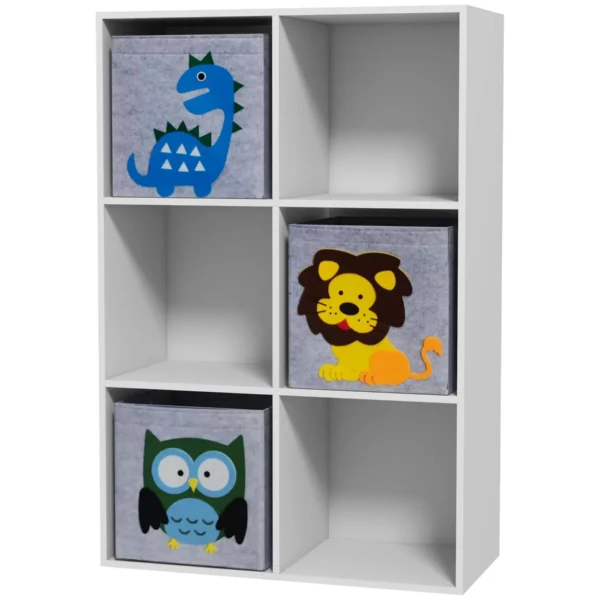 Children's Toy Shelf with 6 cube spaces, MDF and Melamine Construction - 61.8x29.9x91.5 cm, Grey and White
