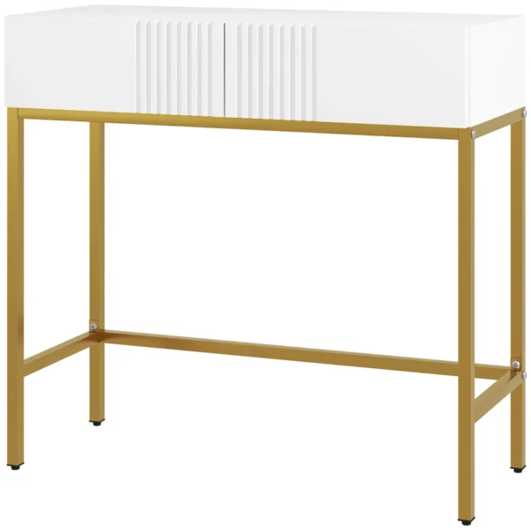 Modern Entryway Console Table with 2 Drawers and Golden Legs, 80x31.5x75cm, White