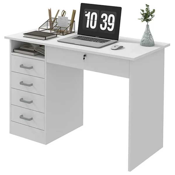Modern Desk with 5 Drawers and Open Compartment with Lock and 2 Keys, 110x50x76cm, White