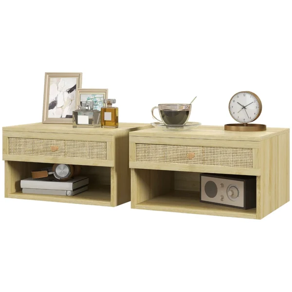 Set of 2 Bedside Tables with Drawer and Open Shelves in Boho Style, in Chipboard and Rattan, 40x34x23 cm
