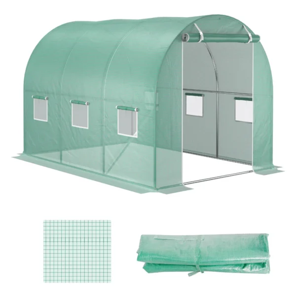 PE Greenhouse Cover with 6 Windows, Roll-Up Door and Buried Edges, 3x2x2 m, Green