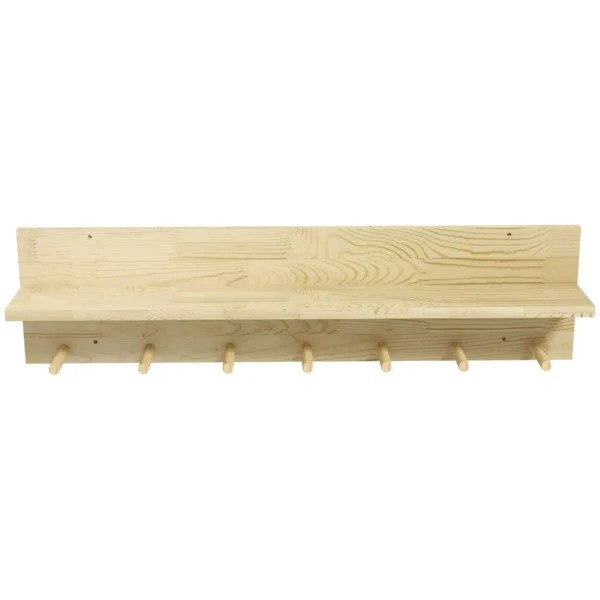 Fir Wood Wall Shelf with 7 Hooks for Entryway and Living Room, 80x12x20 cm