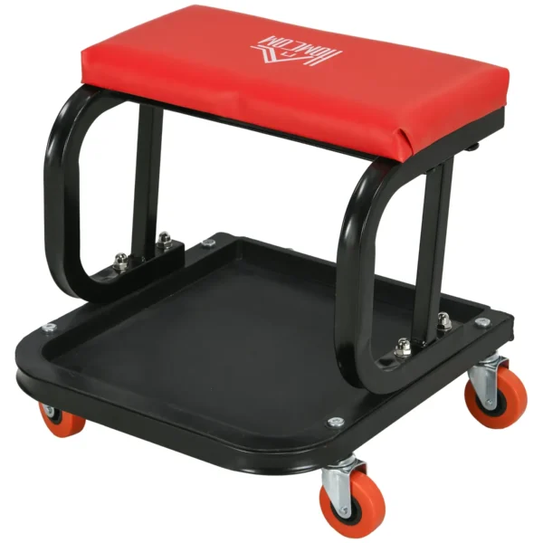 Padded Workshop Stool with Wheels and Tool Tray in Steel and PU, 38x35x37cm, Red