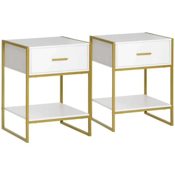 Set of 2 Modern Bedside Tables with Drawer and Open Shelf in MDF and Steel, 45x40x60cm, White and Gold