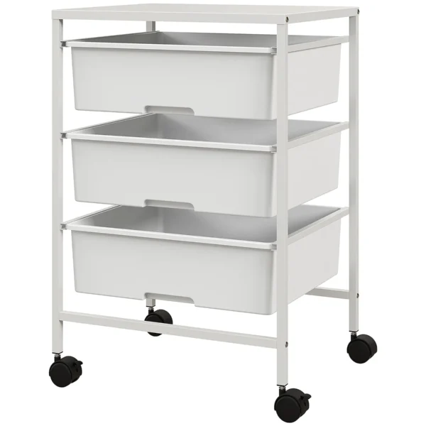 Multipurpose Trolley with 3 Removable Baskets and Wheels for Kitchen and Office in Steel and PP, White