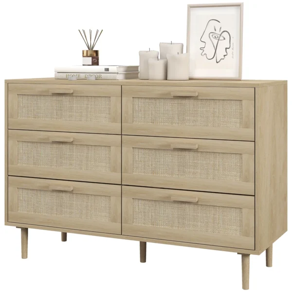 Boho 6 Drawer Chest of Drawers in Wood and Rattan Boho Style for Living Room and Bedroom, 110x40x75 cm